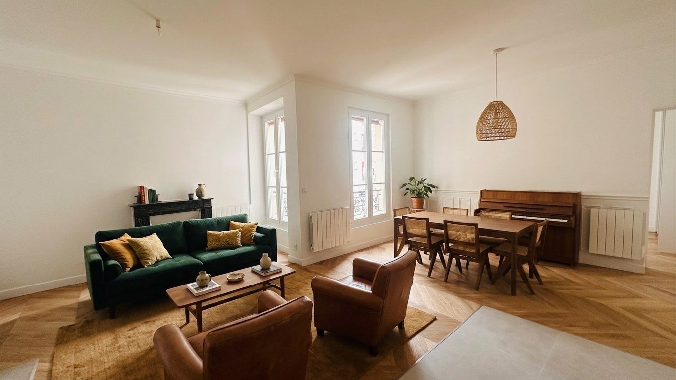 Le séjour meublé : salle à manger avec piano droit, salon en velours vert forêt et fauteuils de cuir face à la cheminée.